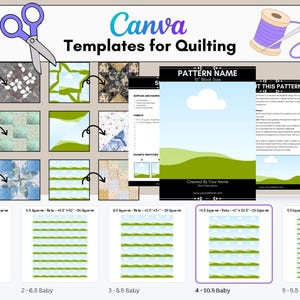 May include: Image featuring Canva templates for quilting, with various quilt block designs and pattern layouts. Includes a pair of scissors, a spool of thread, and text reading "Canva Templates for Quilting". The templates are for different quilt sizes.