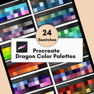May include: A digital display showing 24 Procreate Dragon Color Palettes, featuring various grids of colored squares. The central white label displays the text 24 Swatches, a Procreate icon, and the words Procreate Dragon Color Palettes.