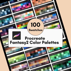 Puede incluir: Una tableta digital muestra 100 muestras de color para las paletas de colores Procreate Fantasy2. Cada muestra es un pequeño rectángulo con una combinación de colores única. La pantalla de la tableta está bordeada por un marco negro.