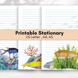 Papel para escribir imprimible con diseño de océano tranquilo, papel rayado, tamaño carta de EE. UU., tamaño A4, A5, animales marinos, peces