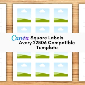 Peut inclure: Étiquettes carrées blanches avec un paysage, avec des ciels bleus, des collines vertes et des nuages blancs. Le texte "Canva Square Labels Avery 22806 Compatible Template" est affiché au centre.