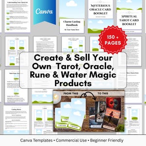 Könnte beinhalten: Eine Sammlung digitaler Vorlagen zur Erstellung von Tarot-, Orakel-, Runen- und Wassermagie-Produkten. Das Bild zeigt verschiedene Broschürenumschläge, Seiten und Kartenbeispiele. Der Text enthält "Create & Sell Your Own Tarot, Oracle, Rune & Water Magic Products."