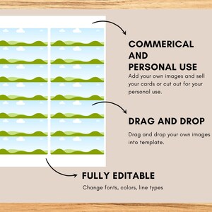 May include: A template with a landscape design, featuring green hills, blue skies, and white clouds. Text on the right side reads: "COMMERICAL AND PERSONAL USE", "DRAG AND DROP", and "FULLY EDITABLE".