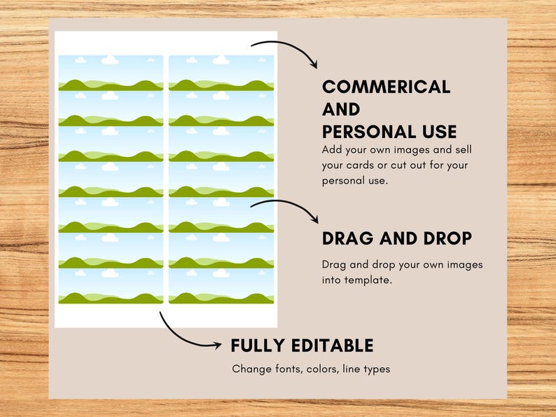 May include: A template with a landscape design, featuring green hills, blue skies, and white clouds. Text on the right side reads: "COMMERICAL AND PERSONAL USE", "DRAG AND DROP", and "FULLY EDITABLE".