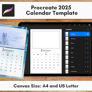 Calendario 2025 Procreate, plantillas en tamaños Carta (EE. UU.) y A4, 8,5 x 11, organización personalizada y elegante.