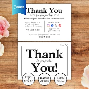 May include: Two white cards with the text "Thank You" in black, with a floral design. The cards are on a wooden surface with pink roses. The cards include social media icons and a discount code. The cards are 5"x3" and 5"x3.5".