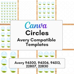 Peut inclure: Visuel de modèles Canva Circles, compatibles Avery. L'image présente des graphiques circulaires avec une illustration de ciel bleu et de paysage vert. Le texte indique "Canva Circles" et les numéros de modèle Avery.