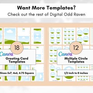 May include: Digital templates for greeting cards and multiple circle designs. The image shows a variety of templates with the Canva logo. The greeting card templates come in sizes 5x7, 4x6, and 4.75 square. The circle templates range from 1/2 inch to 8 inches.
