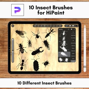 May include: A digital art illustration showcasing a tablet displaying insect brushes for the HiPaint app. The screen features various insect illustrations and the text "10 Insect Brushes for HiPaint" and "10 Different Insect Brushes". A white stylus is positioned to the right.