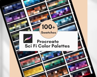 May include: A digital tablet screen displaying a collection of 100+ Procreate Sci Fi Color Palettes. Each palette is a grid of 16 color swatches.