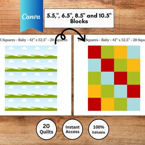 Op de afbeelding: Een digitaal sjabloon voor quiltblokken in de maten 14 cm, 16,5 cm, 21,6 cm en 26,7 cm. De afbeelding toont een babyquilt-indeling van 106,7 cm x 133,4 cm met 20 vierkanten, een landschapspatroon links en een veelkleurig raster aan de rechterkant.
