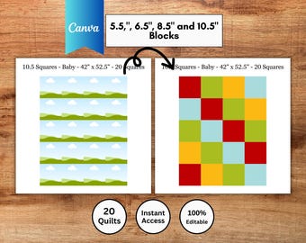 Könnte beinhalten: Eine digitale Vorlage für Quiltblöcke in den Größen 14 cm, 16,5 cm, 21,6 cm und 26,7 cm. Die Grafik zeigt ein Baby-Quilt-Layout von 106,7 cm x 133,4 cm mit 20 Quadraten, einem Landschaftsmuster links und einem bunten Raster auf der rechten Seite.