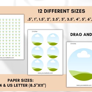 Op de afbeelding: Wit papier met verschillende formaten cirkelvormige afbeeldingen, waaronder opties van 1,3 cm, 2,5 cm, 3,8 cm, 5,1 cm, 6,4 cm, 7,6 cm, 8,9 cm, 10,2 cm, 12,7 cm, 15,2 cm, 17,8 cm en 20,3 cm. De tekst "12 VERSCHILLENDE MATEN" en "DRAG AND DROP" worden weergegeven. Papierformaten: A4 en US Letter (21,6 cm x 27,9 cm).