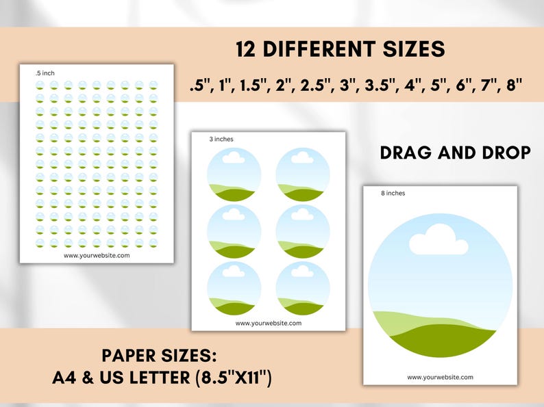 Op de afbeelding: Wit papier met verschillende formaten cirkelvormige afbeeldingen, waaronder opties van 1,3 cm, 2,5 cm, 3,8 cm, 5,1 cm, 6,4 cm, 7,6 cm, 8,9 cm, 10,2 cm, 12,7 cm, 15,2 cm, 17,8 cm en 20,3 cm. De tekst "12 VERSCHILLENDE MATEN" en "DRAG AND DROP" worden weergegeven. Papierformaten: A4 en US Letter (21,6 cm x 27,9 cm).
