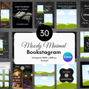 May include: A set of 30 Moody Minimal Bookstagram templates for Instagram, 1080 x 1440 px, portrait. Each template has a minimalist design with green hills, blue skies, and white clouds, with text overlays.