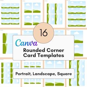 Könnte beinhalten: Eine Sammlung von 16 Canva-Vorlagen für Karten mit abgerundeten Ecken in den Formaten Hochformat, Querformat und Quadrat. Die Vorlagen zeigen ein Landschaftsdesign mit grünen Hügeln, blauem Himmel und weißen Wolken. Das Canva-Logo ist sichtbar.