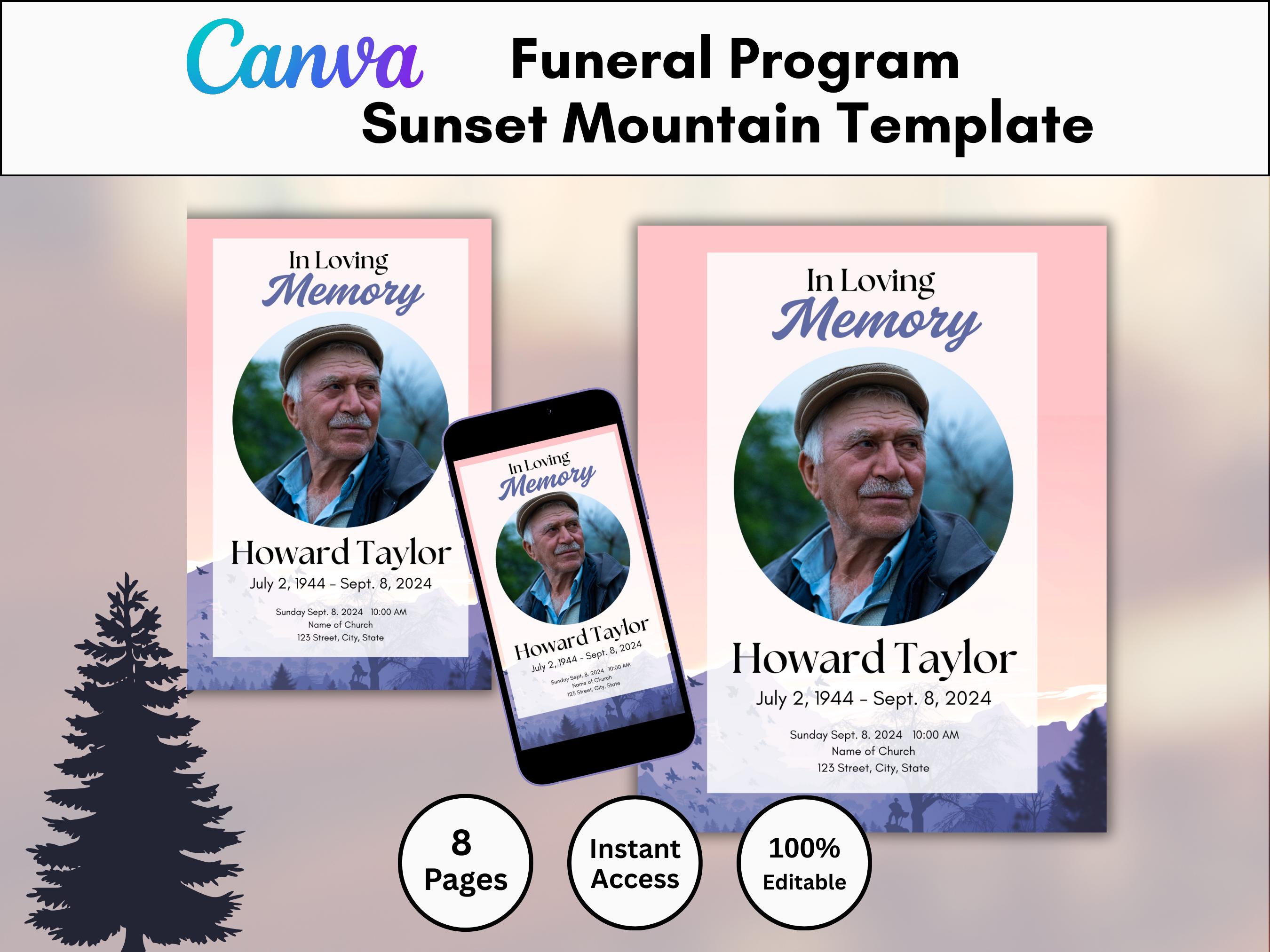 Sunset Program Sunset Mountain Funeral Program Canva Template: 8 Page Memorial - Etsy