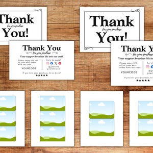 May include: White cards with the text "Thank You" in a bold, black font. Some cards include additional text, social media icons, and a discount code. Other cards feature a landscape design with blue skies and green hills.