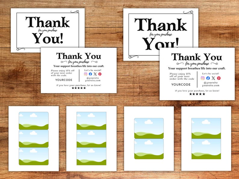 May include: White cards with the text "Thank You" in a bold, black font. Some cards include additional text, social media icons, and a discount code. Other cards feature a landscape design with blue skies and green hills.