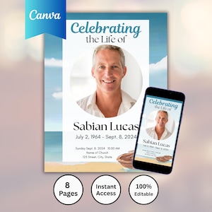 Editable Funeral Program Canva Template | 8 Page Beach Theme Order of Service | Memorial Booklet