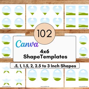 May include: A set of 102 Canva shape templates for creating labels, tags, or stickers. The templates are in various shapes, including circles, hearts, stars, and octagons. The templates are designed to be used with Canva and are available in sizes ranging from 0.5 to 3 inches.
