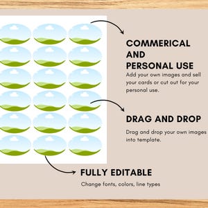 Puede incluir: Una plantilla digital con una cuadr&iacute;cula de gr&aacute;ficos ovalados, cada uno representando un cielo azul y un paisaje verde. El texto a la derecha dice "COMMERICAL AND PERSONAL USE", "DRAG AND DROP" y "FULLY EDITABLE".