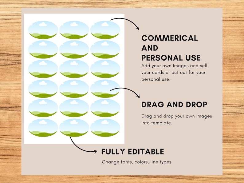 Puede incluir: Una plantilla digital con una cuadr&iacute;cula de gr&aacute;ficos ovalados, cada uno representando un cielo azul y un paisaje verde. El texto a la derecha dice "COMMERICAL AND PERSONAL USE", "DRAG AND DROP" y "FULLY EDITABLE".