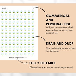 Op de afbeelding: Een sjabloon met meerdere kleine, ronde, lichtblauwe en groene afbeeldingen, elk ongeveer 1,3 cm in diameter, gerangschikt in een raster. De tekst bevat "COMMERCIAL AND PERSONAL USE", "DRAG AND DROP" en "FULLY EDITABLE". De website-adres is ook zichtbaar.