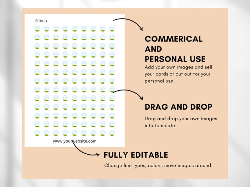 Op de afbeelding: Een sjabloon met meerdere kleine, ronde, lichtblauwe en groene afbeeldingen, elk ongeveer 1,3 cm in diameter, gerangschikt in een raster. De tekst bevat "COMMERCIAL AND PERSONAL USE", "DRAG AND DROP" en "FULLY EDITABLE". De website-adres is ook zichtbaar.