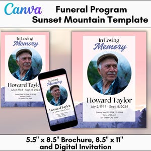 Plantilla editable de programa funerario de Sunset Mountain: servicio conmemorativo de celebración de la vida de 8 páginas para Canva
