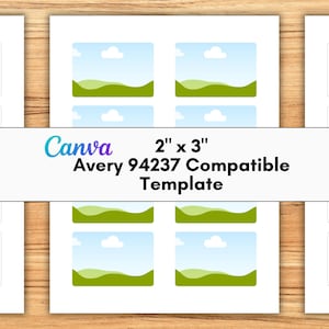 May include: A digital template sheet featuring multiple rectangular labels, each displaying a graphic of a blue sky with white clouds over green rolling hills. The text reads Canva 2" x 3" Avery 94237 Compatible Template.
