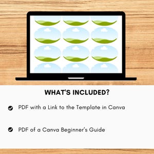 Puede incluir: Un ordenador port&aacute;til muestra un dise&ntilde;o con formas ovaladas verdes y azules. Debajo del port&aacute;til, un rect&aacute;ngulo blanco enumera "WHAT'S INCLUDED?" seguido de dos vi&ntilde;etas: "PDF con un enlace a la plantilla en Canva" y "PDF de una gu&iacute;a para principiantes de Canva."
