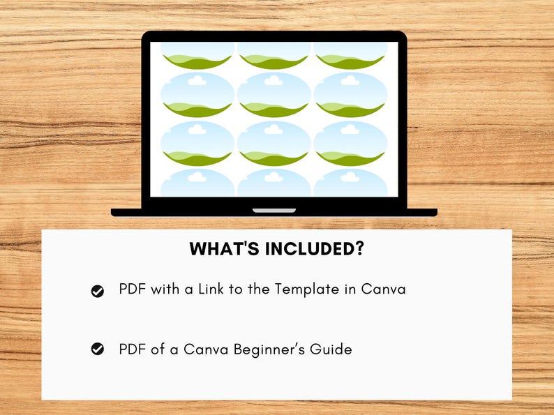 Puede incluir: Un ordenador port&aacute;til muestra un dise&ntilde;o con formas ovaladas verdes y azules. Debajo del port&aacute;til, un rect&aacute;ngulo blanco enumera "WHAT'S INCLUDED?" seguido de dos vi&ntilde;etas: "PDF con un enlace a la plantilla en Canva" y "PDF de una gu&iacute;a para principiantes de Canva."