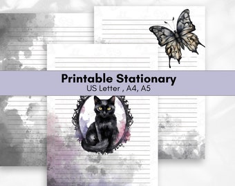 Romantic Goth Stationary Printable, Lined Paper, US Letter A4 A5, Writing Paper, Black Cat, Witchy Vibe