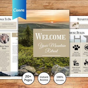 Airbnb Welcome Book Template | Mountain Retreat | Canva Editable Guide Host Binder Vacation Rental
