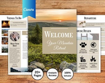 Airbnb Welcome Book Template | Mountain Retreat | Canva Editable Guide Host Binder Vacation Rental