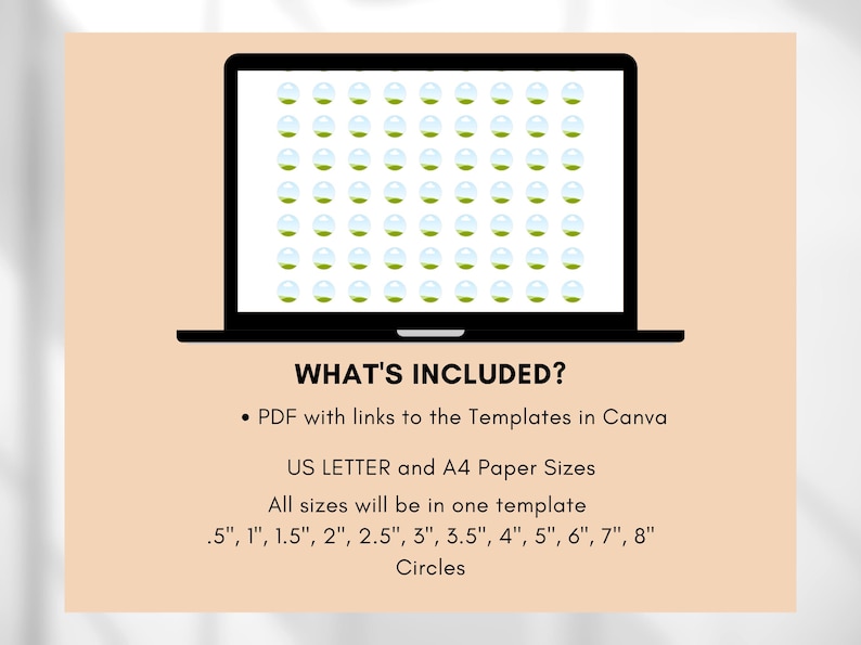 Op de afbeelding: Een laptopscherm toont een raster van groene en witte cirkels. De tekst "WHAT'S INCLUDED?" staat boven een lijst met functies, waaronder PDF-sjablonen, US Letter- en A4-papierformaten en cirkelgroottes van 1,3 cm tot 20,3 cm.