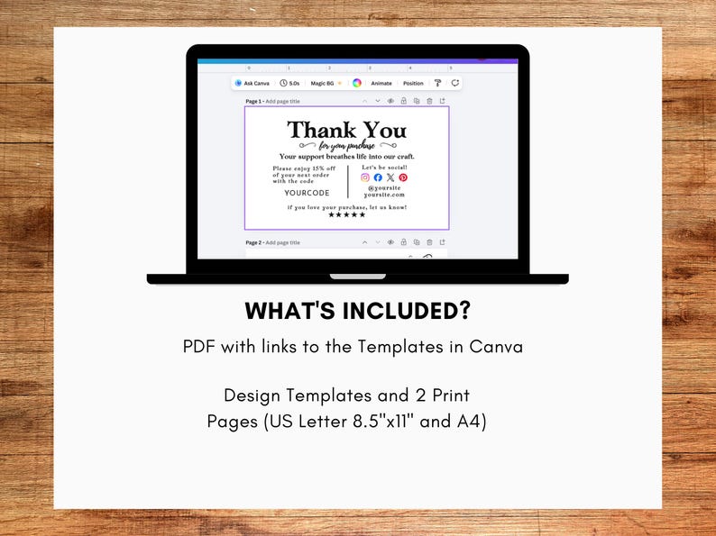 May include: A laptop displays a "Thank You" card template with text and social media icons. The card includes a discount code and a message about supporting the seller's craft. The image also shows "What's Included" with PDF links, design templates, and print pages.