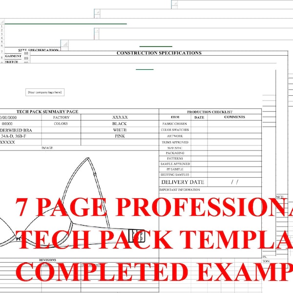 Complete Tech Pack Template - 7 pages - EXCEL FORMAT - Professional Apparel Industry Tech Pack - Fashion Design Template - Completed Example