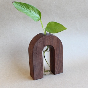 May include: A dark brown wooden vase shaped like an arch with a clear glass tube for holding a single stem of greenery.