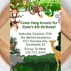 May include: A jungle-themed birthday invitation with a green, brown, and white color scheme. The invitation features a variety of animals, including monkeys, a giraffe, a rhino, a koala, a sloth, and a snake. The text on the invitation reads "Come Hang Around for Rylan's 8th Birthday!"  Saturday, October 25th The Nichols Residence 1122 Breezee Way, Scottsdale, AZ R.s.v.p. To Mom 111-222-3333
