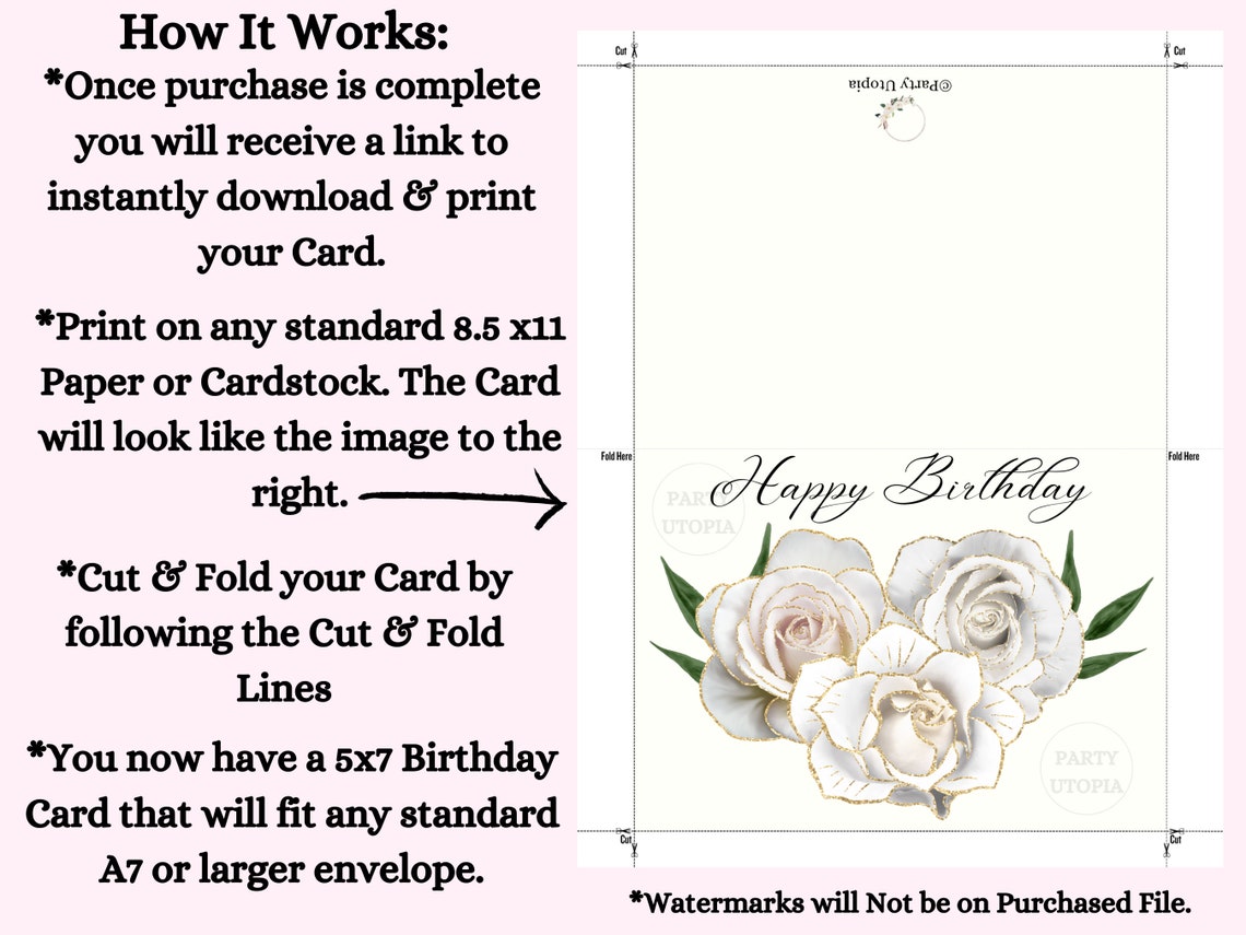 Printable Rose Birthday Cards | Digital Download B-day Cards | White ...