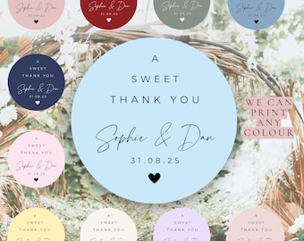 May include: A selection of circular stickers featuring the text "A Sweet Thank You" and the names "Sophie & Dan", plus the date "31.08.25". The stickers are in various colours, including pink, red, blue, and green.
