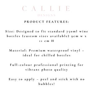 May include: White background with text that reads "CALLIE DESIGNS" and "PRODUCT FEATURES:". The text describes the product's size, material, printing quality, and ease of application.