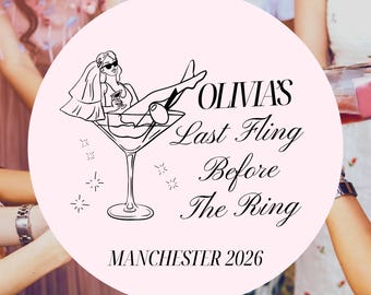 May include: A light pink circle with the text "OLIVIA'S Last Fling Before The Ring MANCHESTER 2026". The circle features a black and white illustration of a woman in a martini glass.
