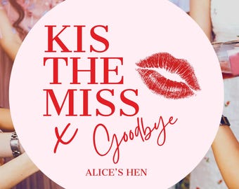 May include: A pink circle with the text "KISS THE MISS x Goodbye" in red and a red lip print. The text "ALICE'S HEN" is at the bottom. The background shows people in dresses.