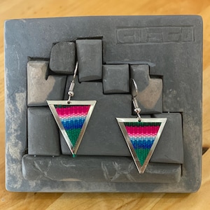Colorful Handwoven Inka Fabric Earrings – Alpaca Silver Dangle Earrings from Cusco. Sterling Silver Hooks Available
