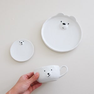 Cute white bear plate, handmade plate,Cute white bear coffee cup and saucer, cute gift choice, cute Ceramic tablewares