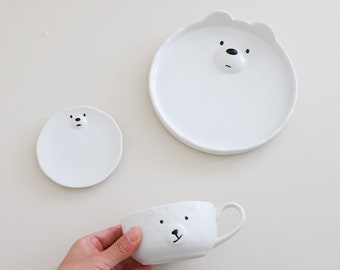 Cute white bear plate, handmade plate,Cute white bear coffee cup and saucer, cute gift choice, cute Ceramic tablewares