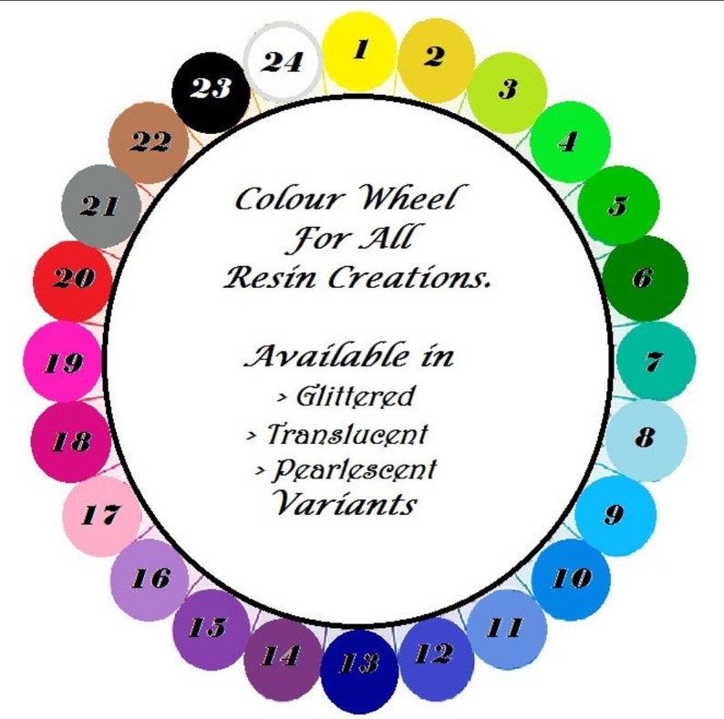 May include: A color wheel with 24 different colors, numbered 1 through 24. The colors are arranged in a circle, with the primary colors (red, yellow, and blue) at the top. The text "Colour Wheel For All Resin Creations." is in the center of the wheel. The text "Available in > Glittered > Translucent > Pearlescent Variants" is below the wheel.